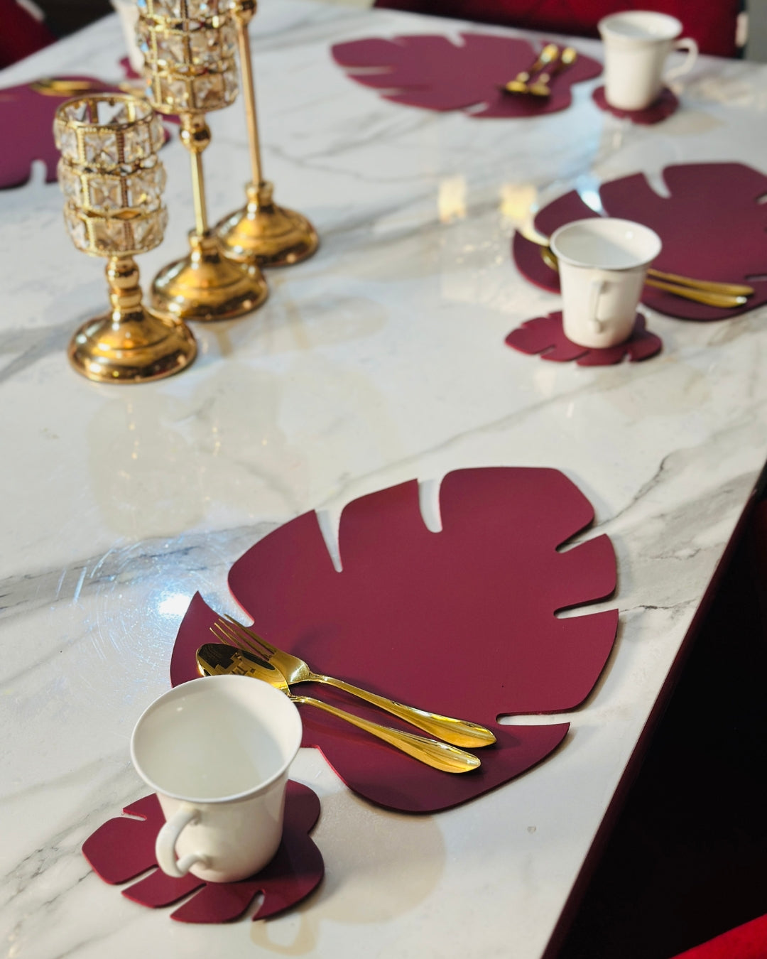 Leaf Shaped Leather Placemats & Coaster Set - Maroon