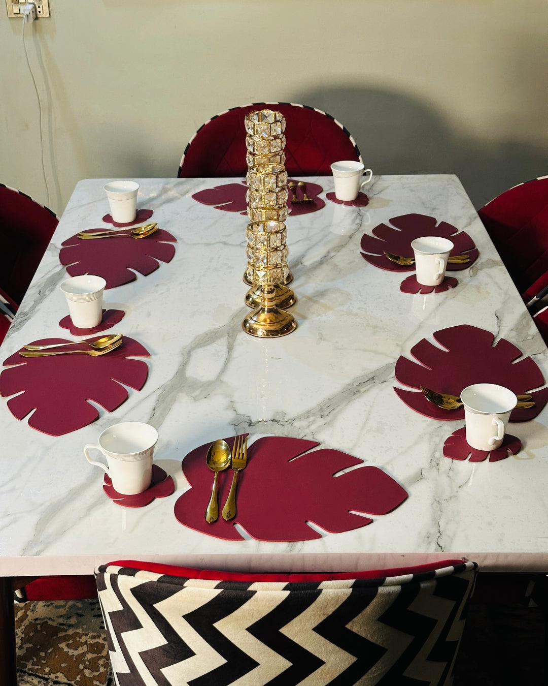 Leaf Shaped Leather Placemats & Coaster Set - Maroon
