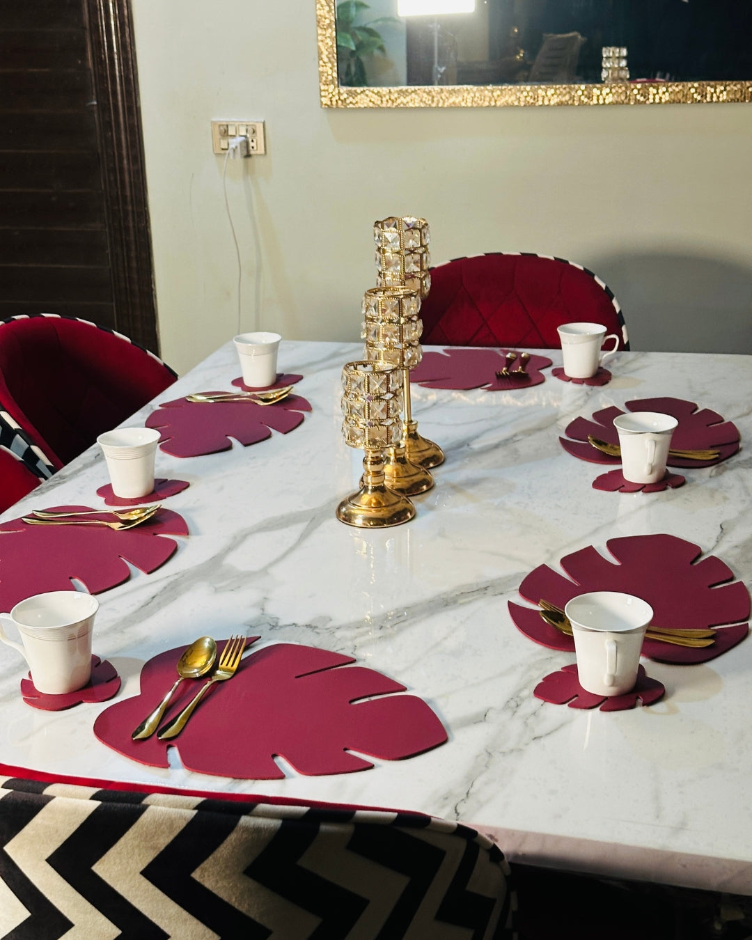 Leaf Shaped Leather Placemats & Coaster Set - Maroon