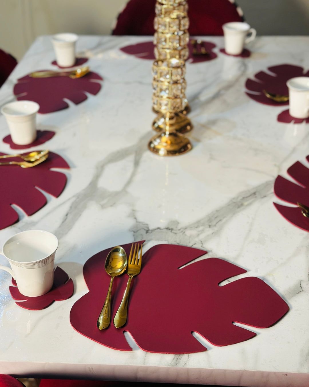 Leaf Shaped Leather Placemats & Coaster Set - Maroon