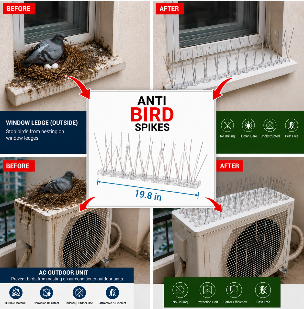 Anti Bird Spikes | Birds Repeller | 19.8 Inch Each Spike Strips