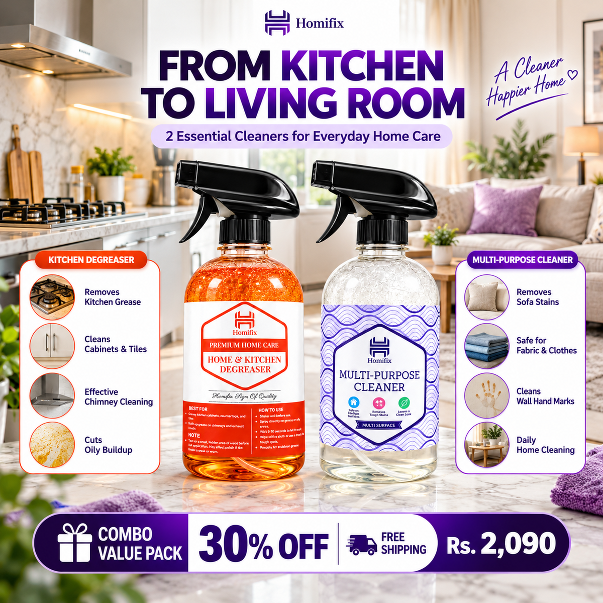 All-Rounder Combo - Kitchen Degreaser 500ml + Multi Purpose Cleaner 500ml | Free Shipping
