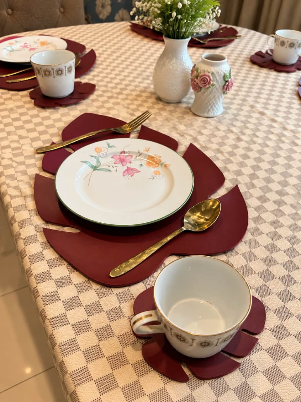 PU Leather Leaf Shape Placemats With Tea Coasters | Free Shipping
