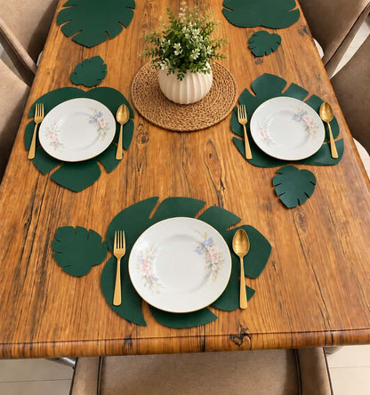 PU Leather Leaf Shape Placemats With Tea Coasters | Free Shipping