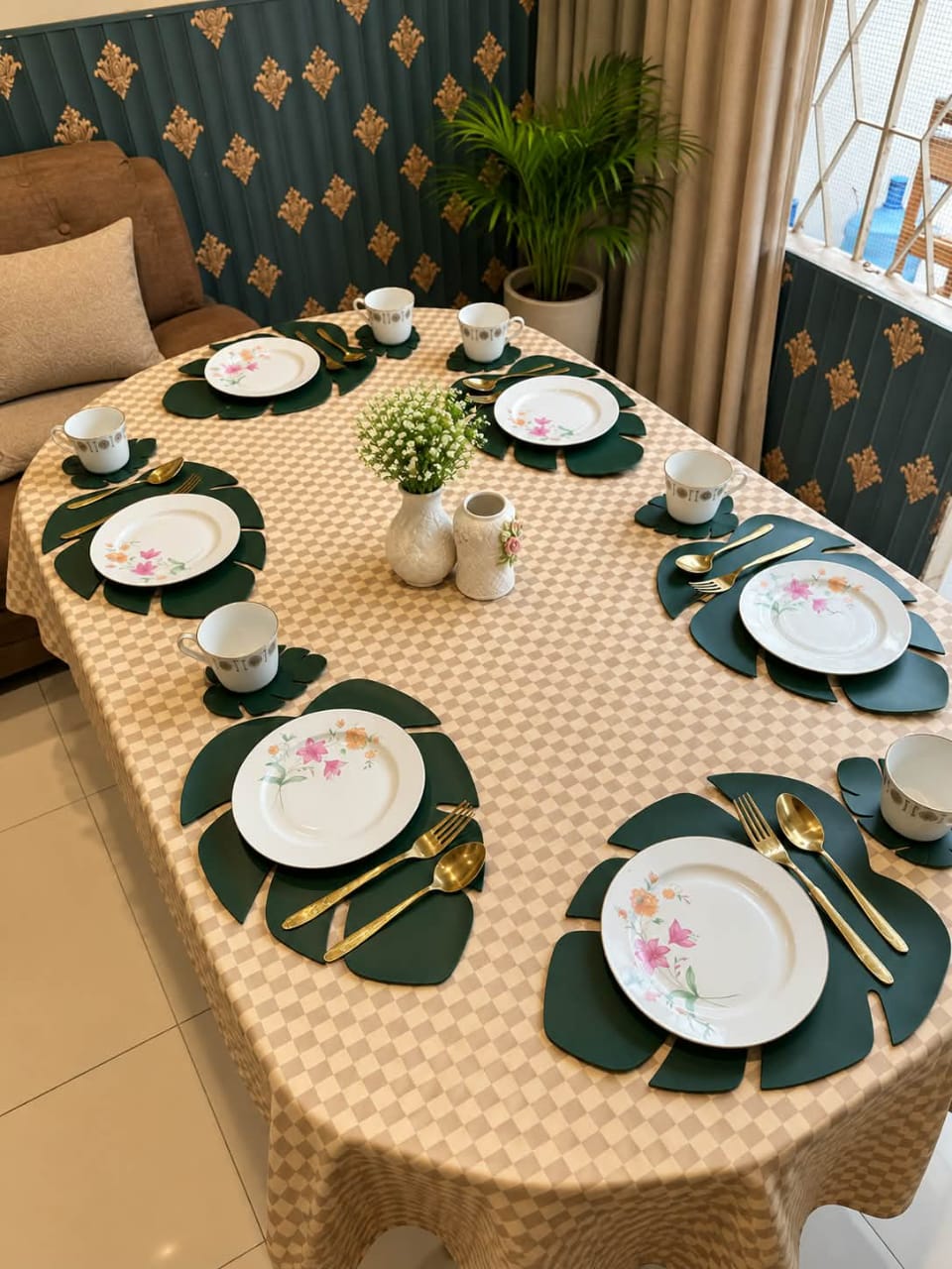 PU Leather Leaf Shape Placemats With Tea Coasters | Free Shipping