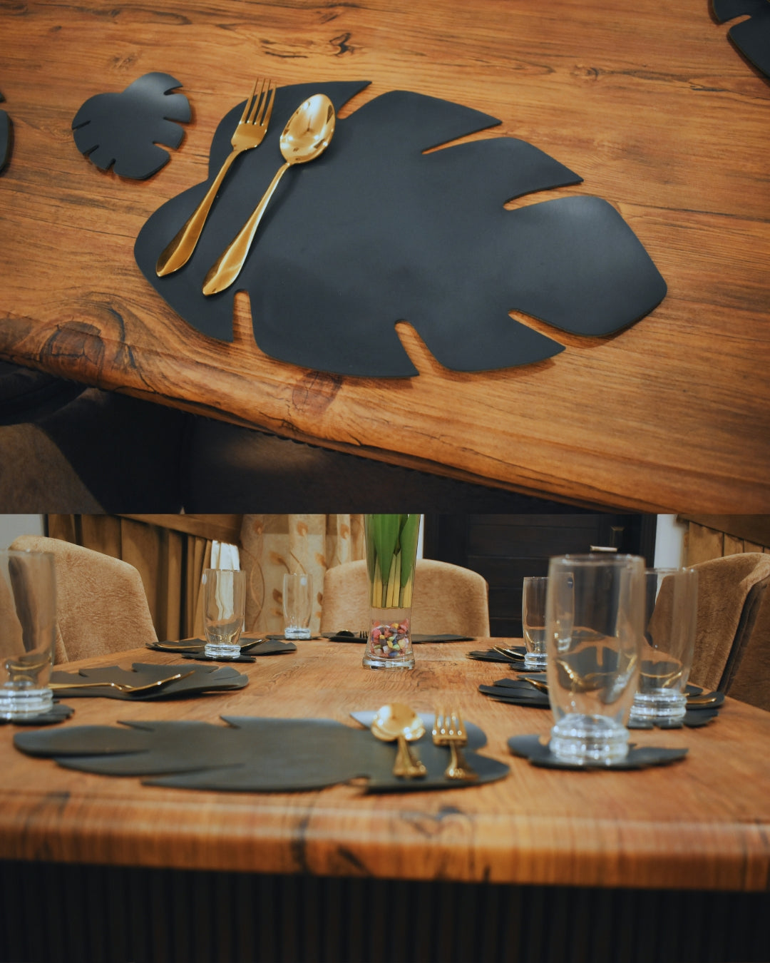 Leaf Shaped Leather Placemats & Coaster Set - Black