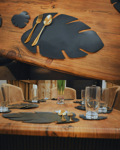 Leaf Shaped Leather Placemats & Coaster Set - Black